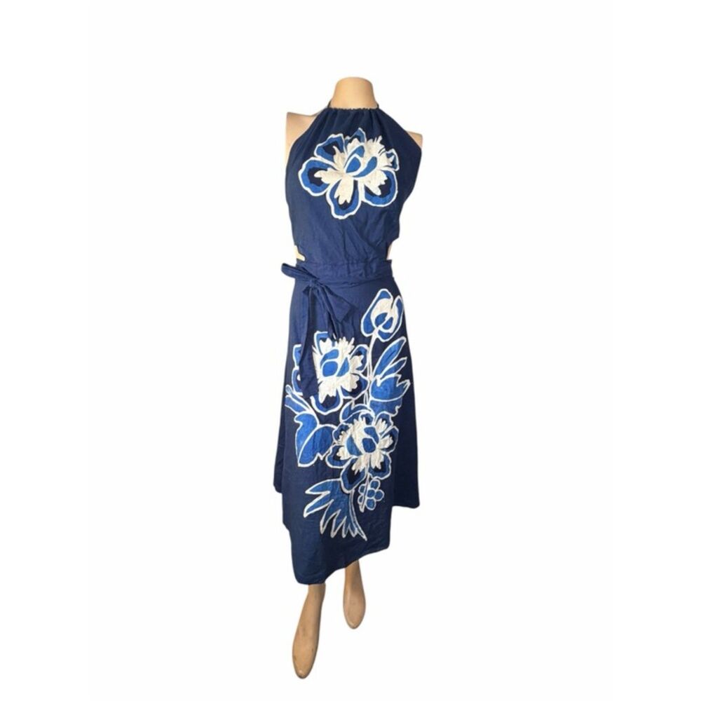 Blue Floral Halter Wrap Dress Batik Style S/M